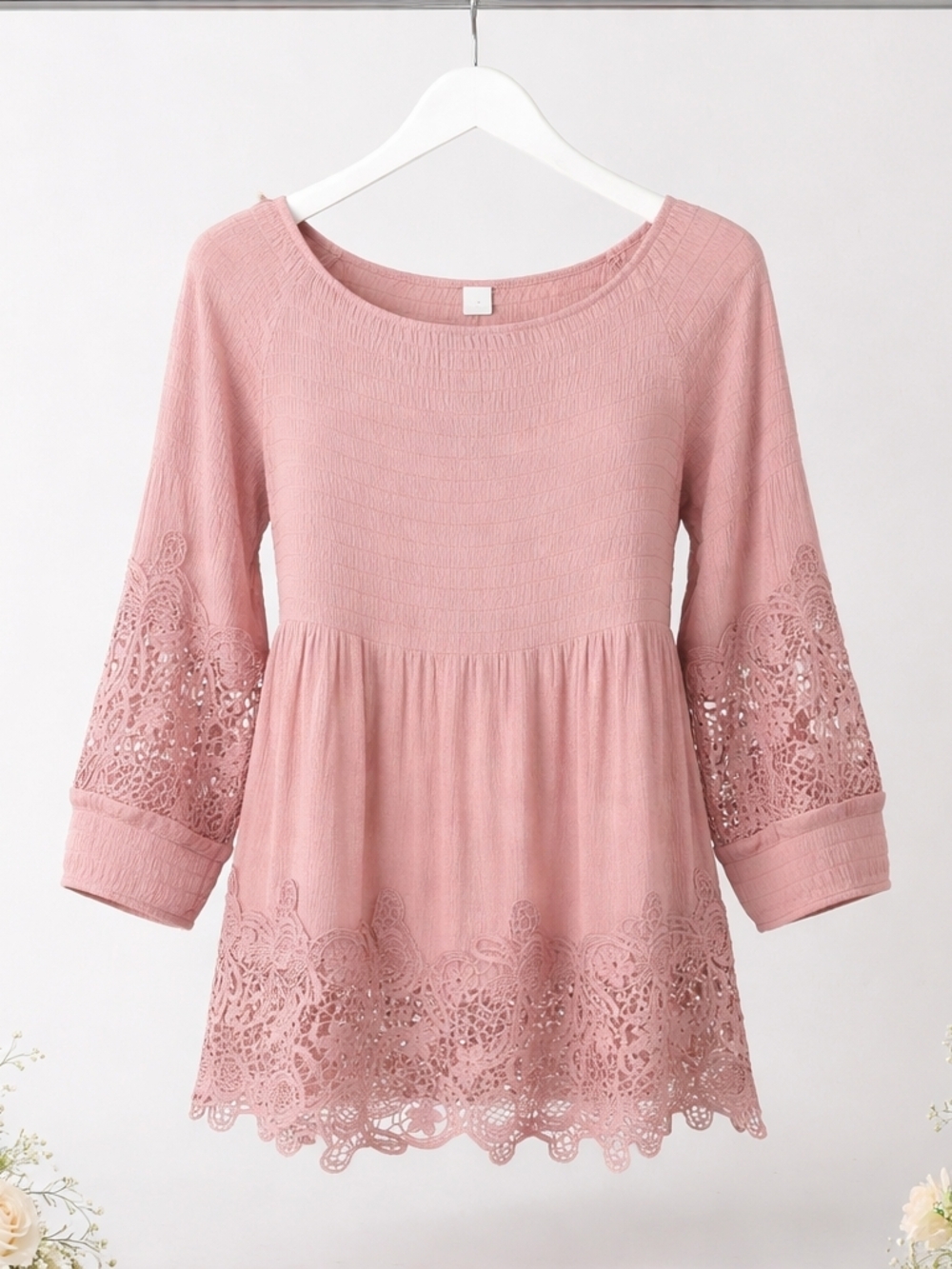 Indigo Threads Boho Dusty Rose Lace-Trim Peasant Tunic Size M